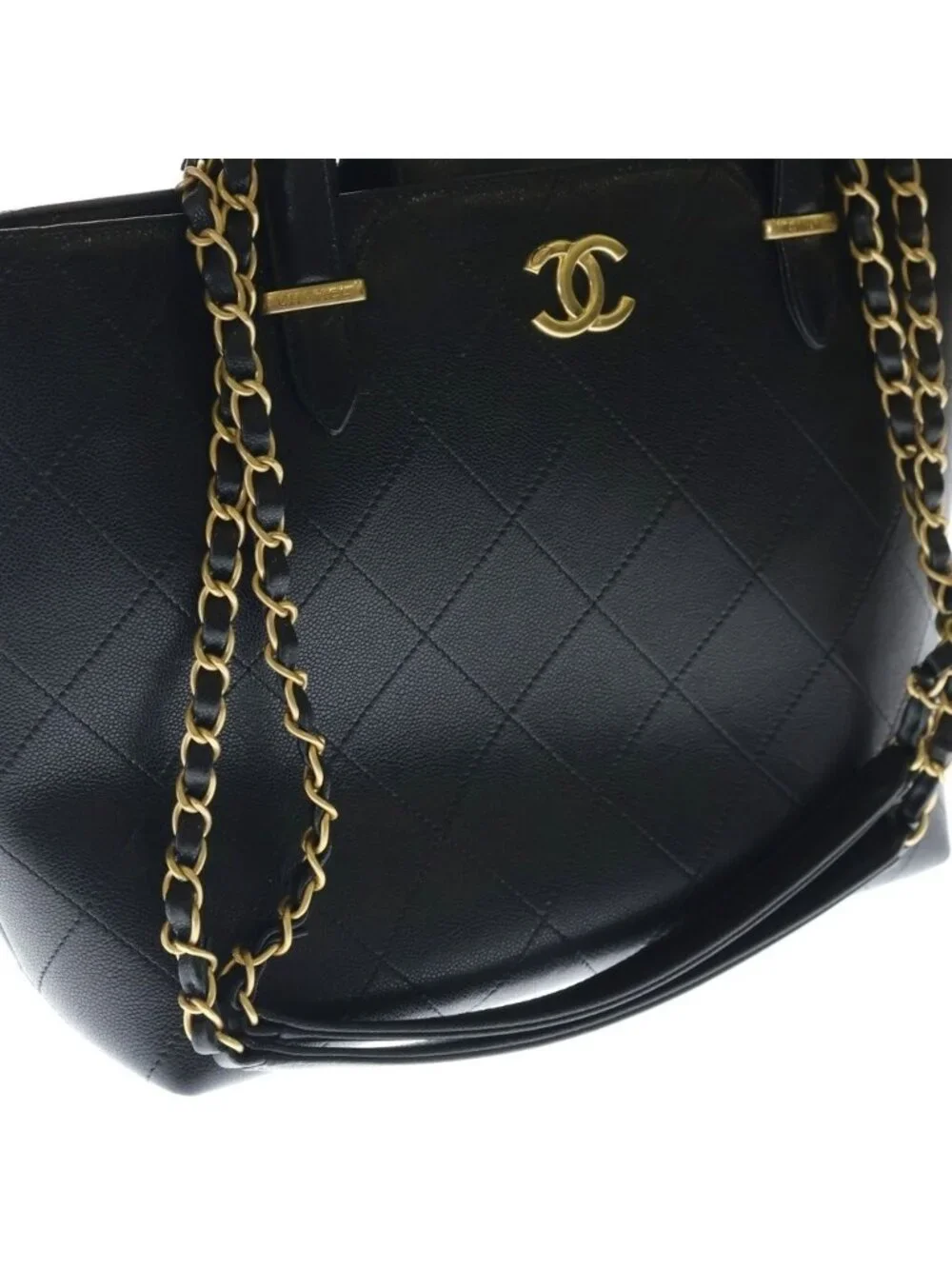 Chanel Quilted Classic Shopping Handbag Tote Shoulder Bag Black Caviar Leather